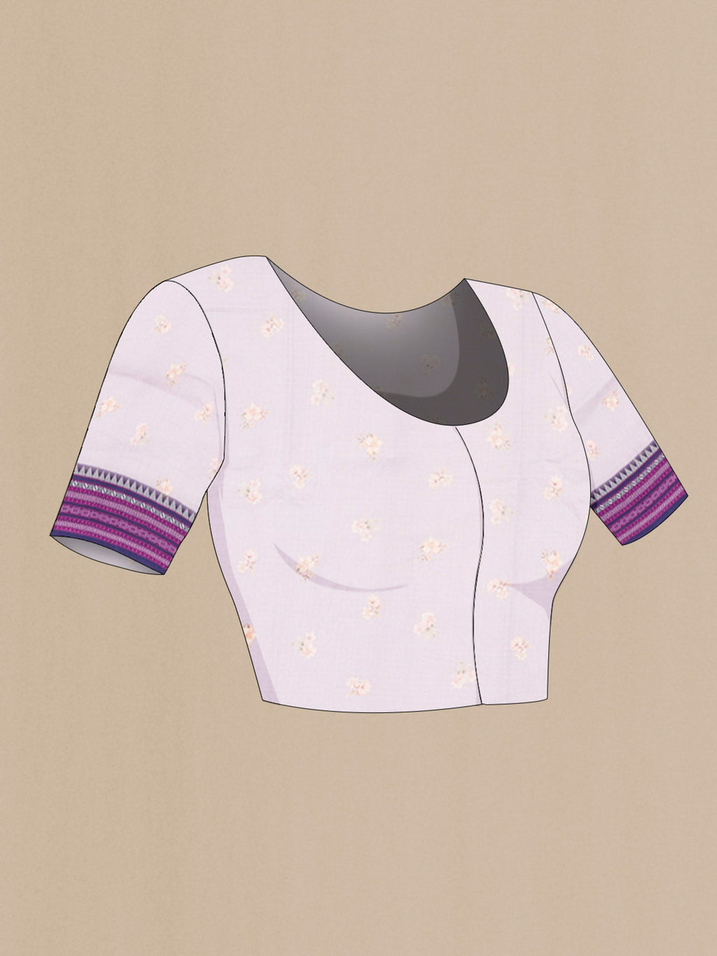 Close up image of the blouse of Lavender Kota Cotton Saree with Printed design on the body and Thread Border