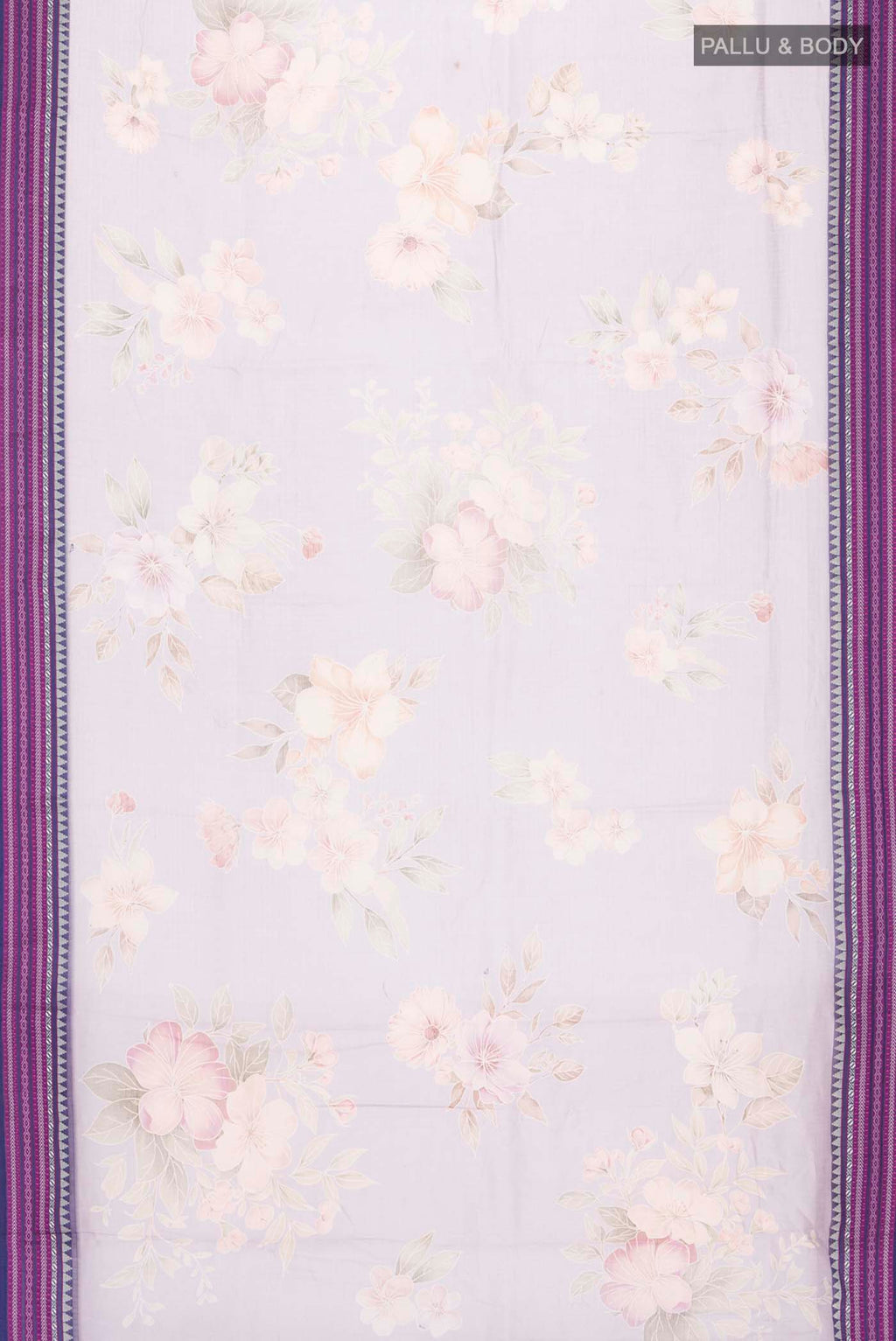 Flat view of Lavender Kota Cotton Saree with Printed design on the body and Thread Border