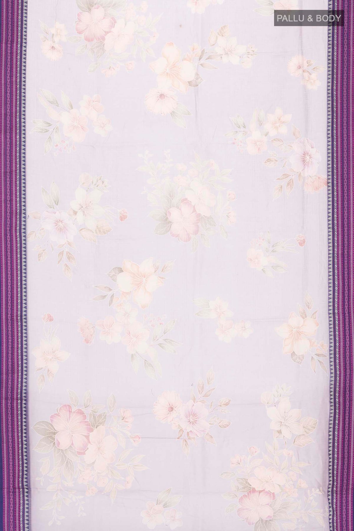 Flat view of Lavender Kota Cotton Saree with Printed design on the body and Thread Border