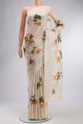 Cream Kota Cotton Saree with Printed design on the body and Thread Border displayed on a mannequin