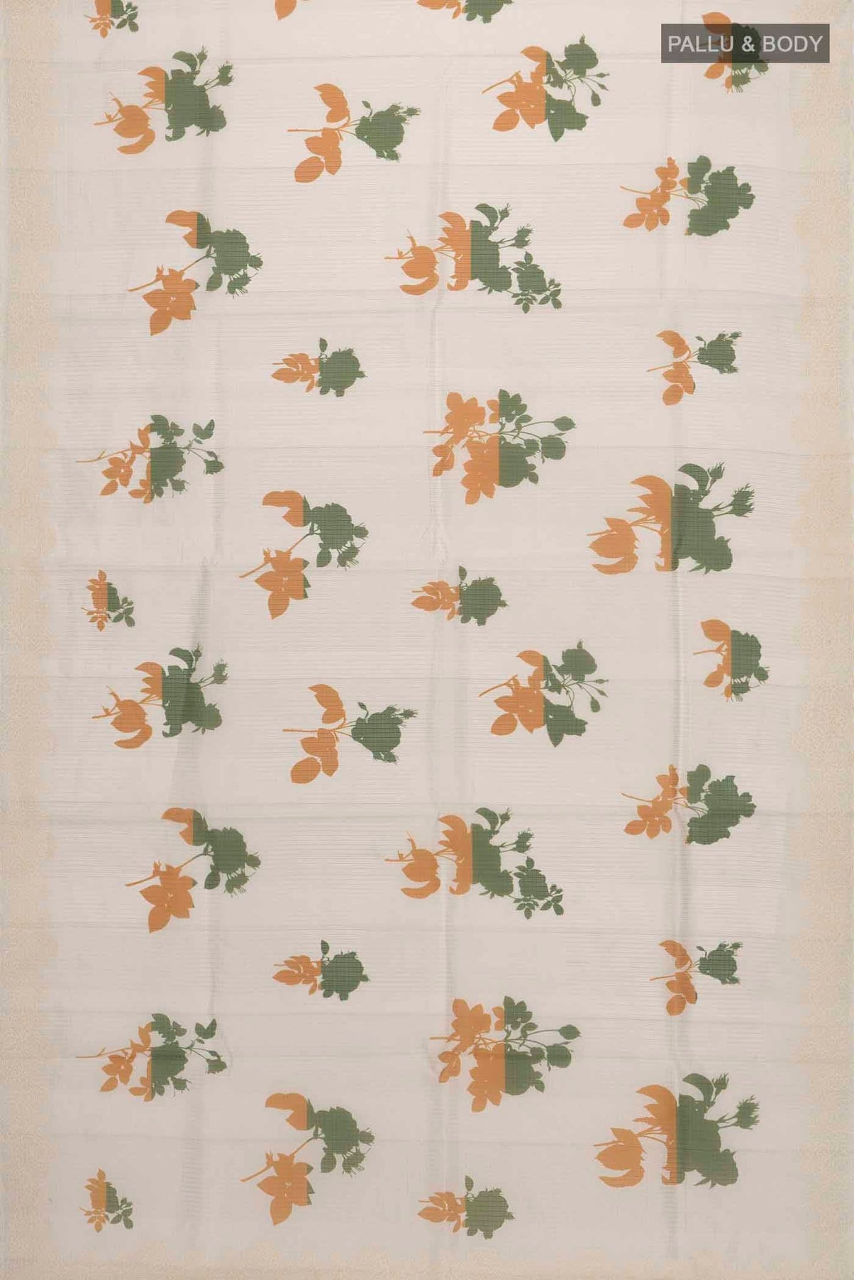 Flat view of Cream Kota Cotton Saree with Printed design on the body and Thread Border