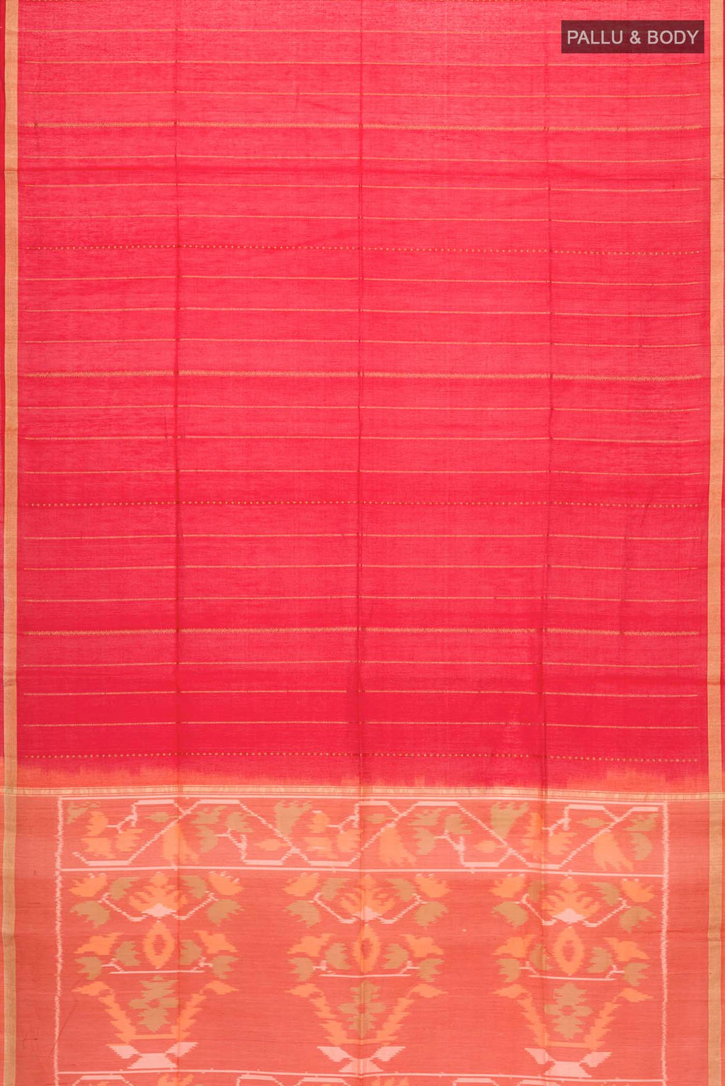 Flat view of Red Silk Cotton Saree with Stripes on the body and Zari Border