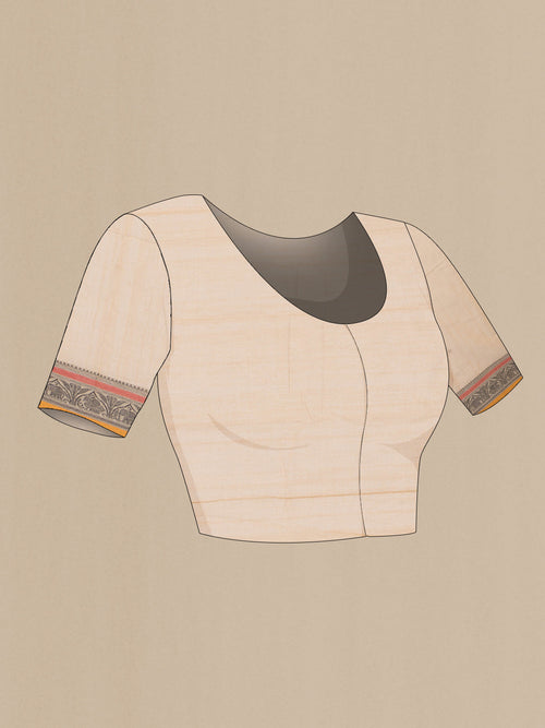 Close up image of the blouse of Beige Kanchi Cotton Saree with Thread Butta on the body and Thread Border. 