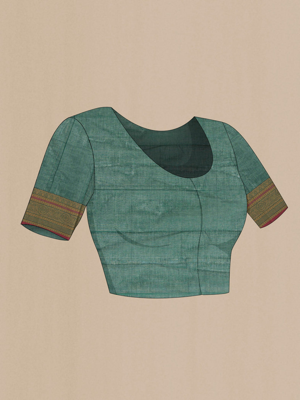Close up image of the blouse of Green Kanchi Cotton Saree with Checked design on the body and Thread Border