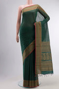 Green Kanchi Cotton Saree with Checked design on the body and Thread Border displayed on a mannequin