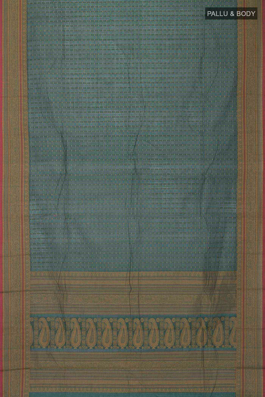 Flat view of Green Kanchi Cotton Saree with Checked design on the body and Thread Border