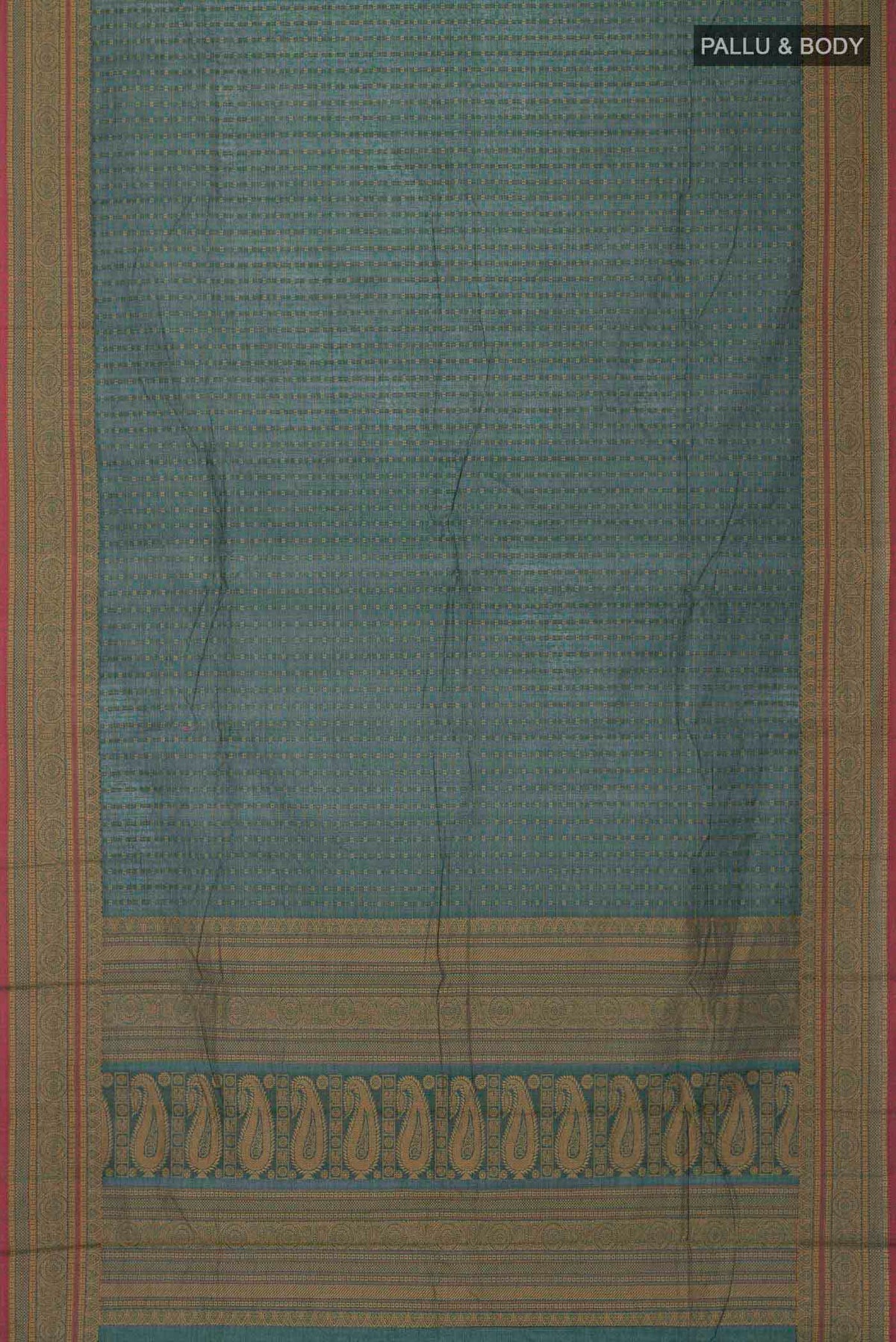 Flat view of Green Kanchi Cotton Saree with Checked design on the body and Thread Border