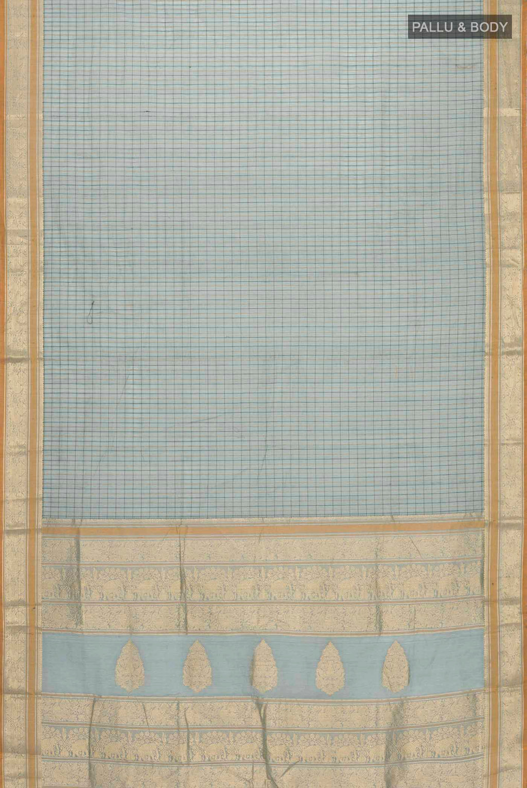 Flat view of Green Kanchi Cotton Saree with Checked design on the body and Zari Border