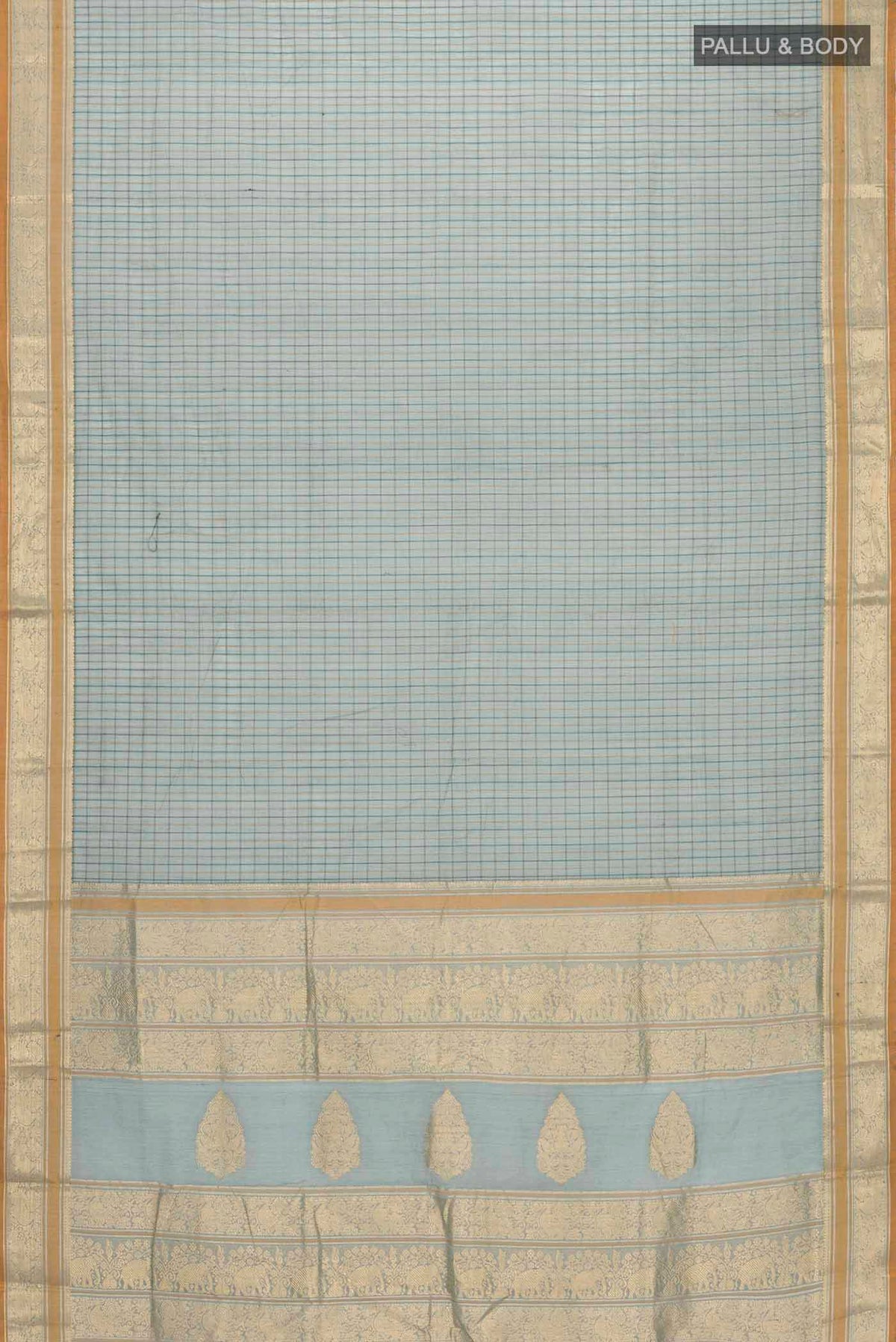 Flat view of Green Kanchi Cotton Saree with Checked design on the body and Zari Border