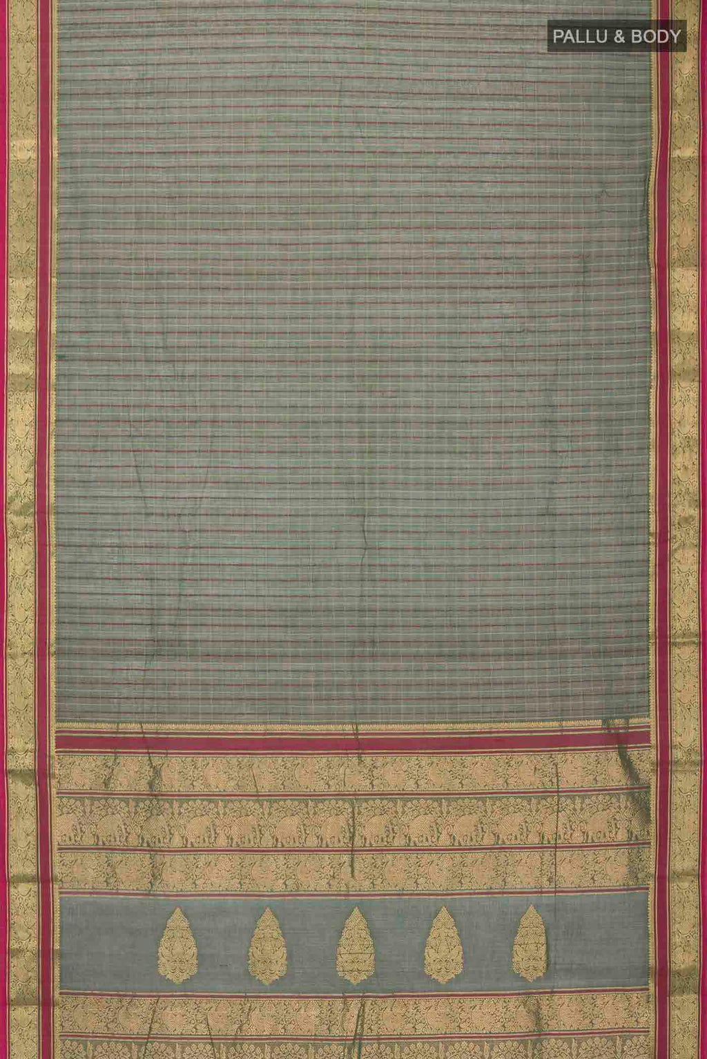 Flat view of Green Kanchi Cotton Saree with Thread Butta on the body and Zari And Thread Border