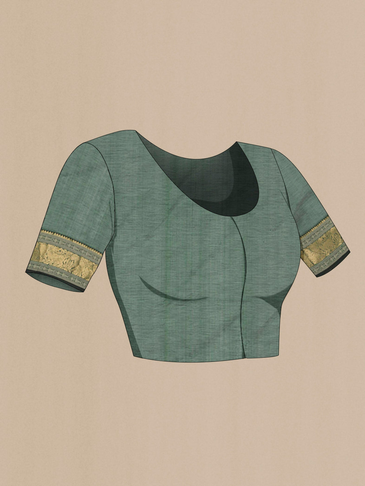 Close up image of the blouse of Green Silk Cotton Saree with Zari Butta on the body and Zari Border