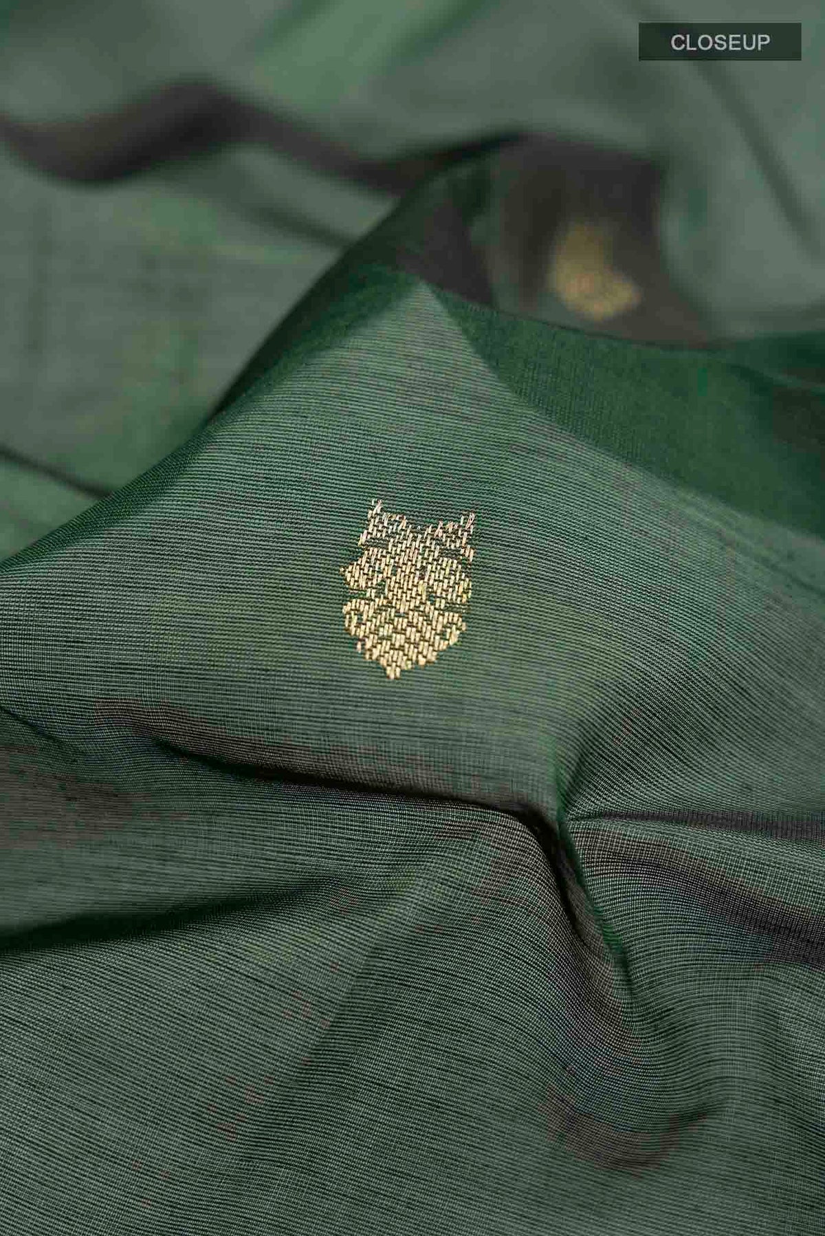 Close up of Green Silk Cotton Saree with Zari Butta on the body and Zari Border displaying folds