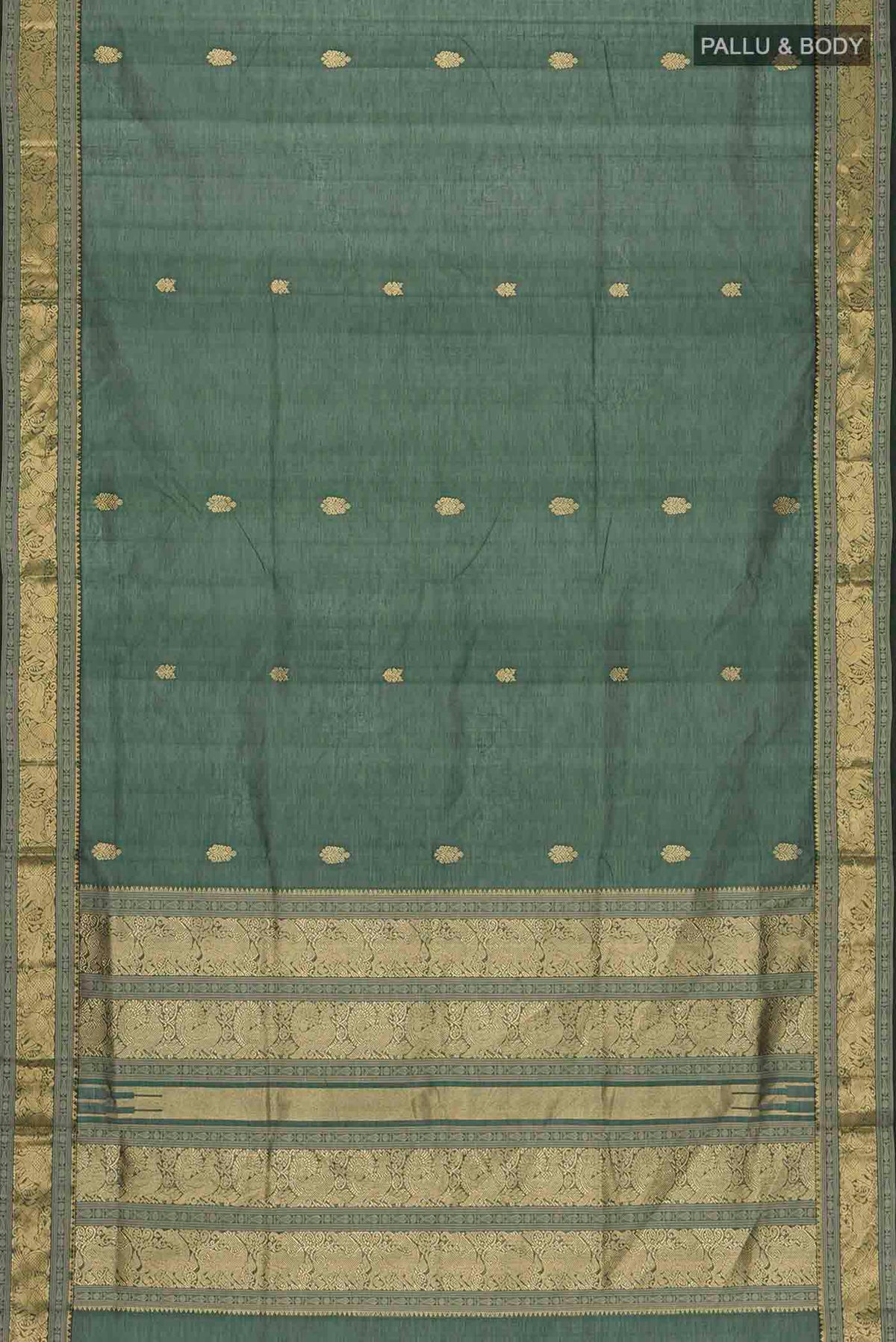 Flat view of Green Silk Cotton Saree with Zari Butta on the body and Zari Border