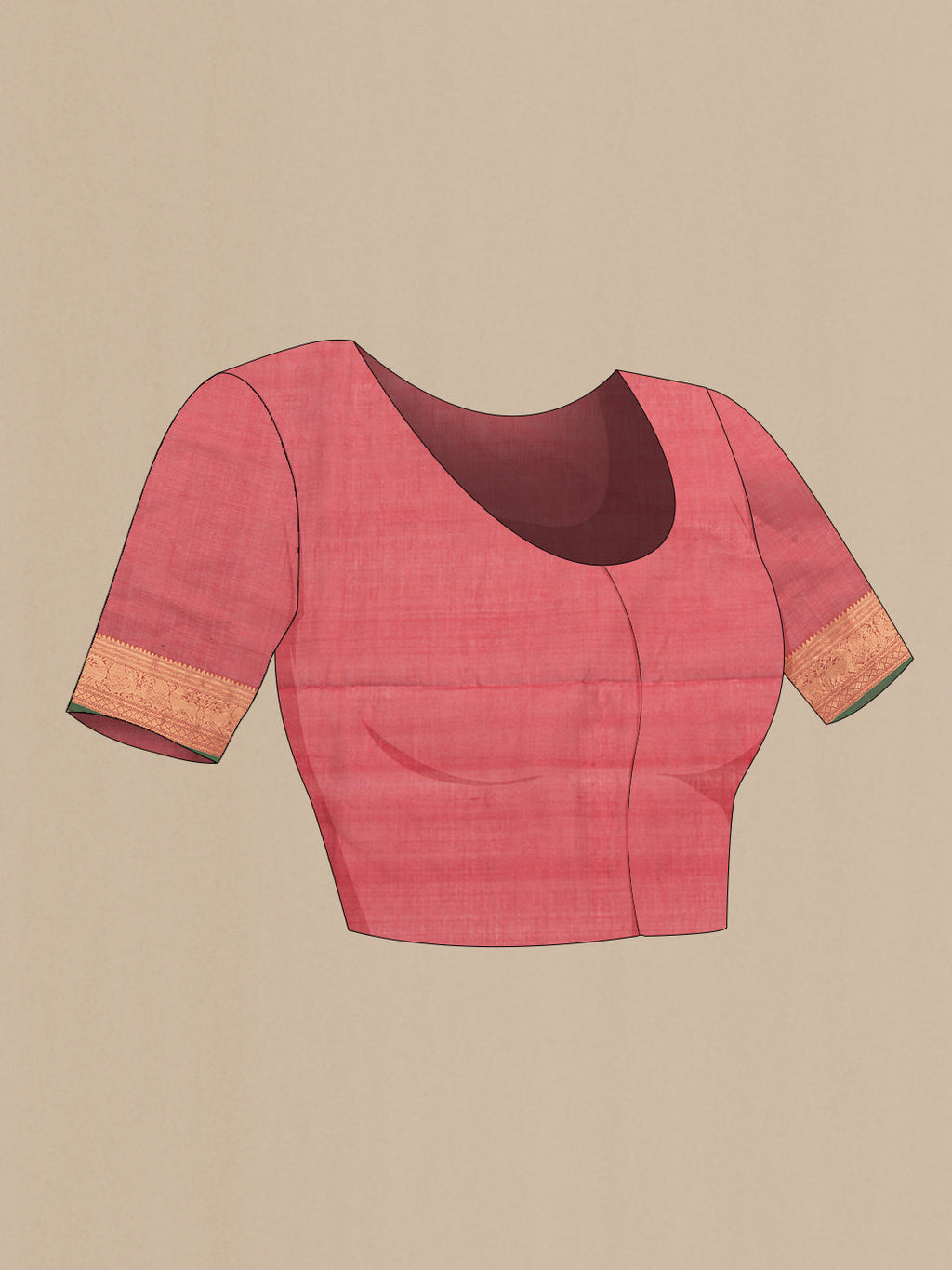 Close up image of the blouse of Red Silk Cotton Saree with Checked design on the body and Zari Border. 