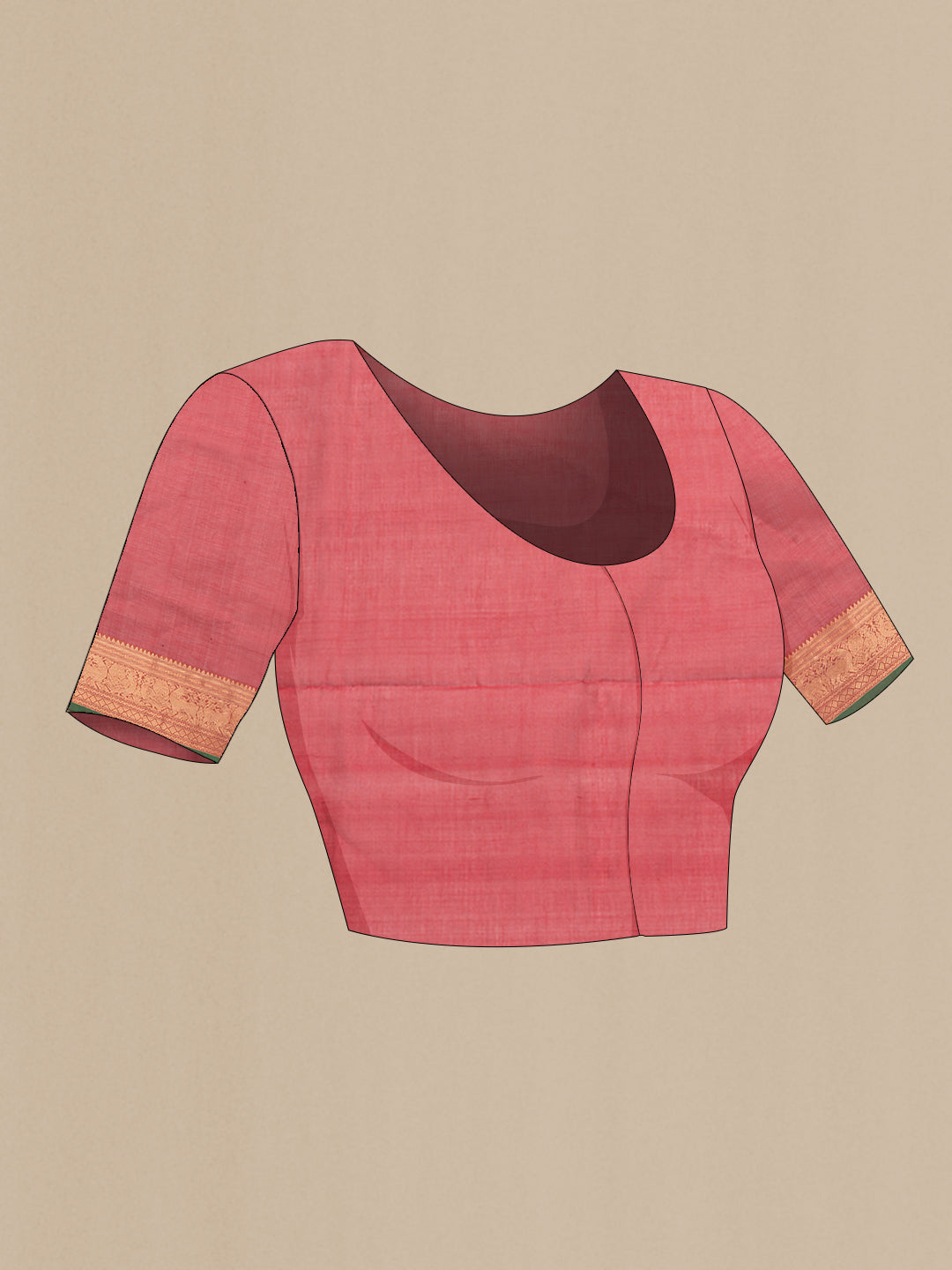 Close up image of the blouse of Red Silk Cotton Saree with Checked design on the body and Zari Border. 