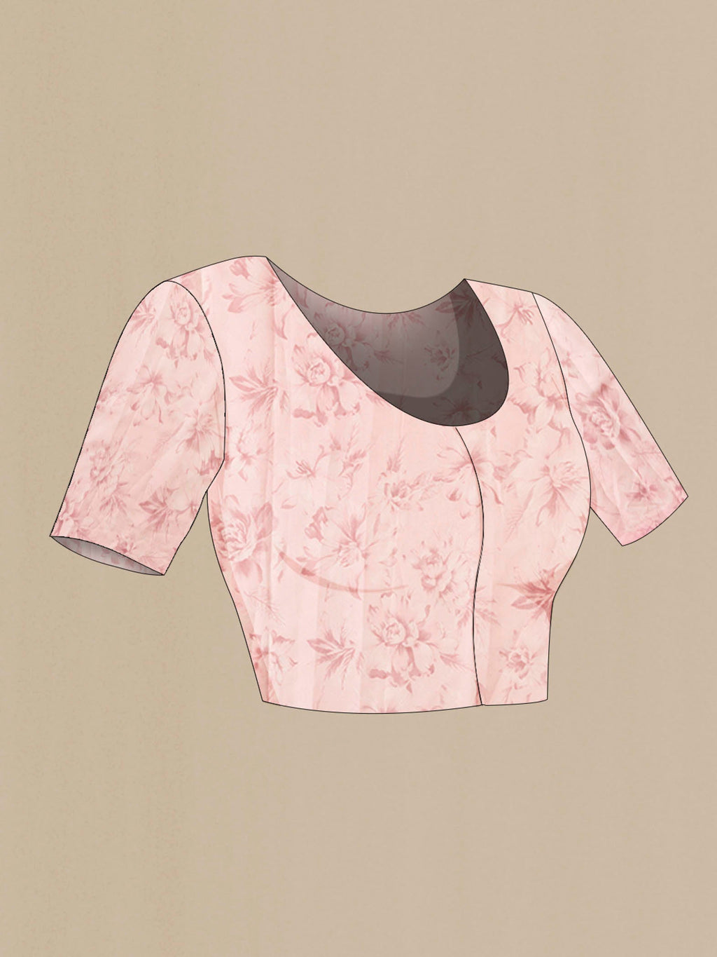 Close up image of the blouse of Pink Organza Silk Saree with Printed design on the body and Without Border