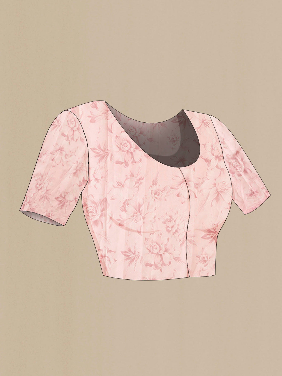 Close up image of the blouse of Pink Organza Silk Saree with Printed design on the body and Without Border