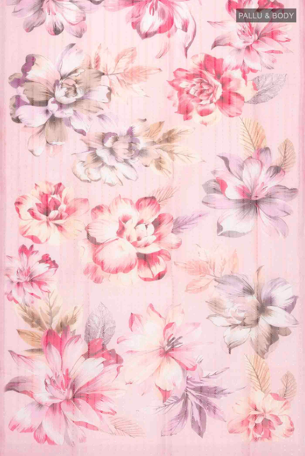 Flat view of Pink Organza Silk Saree with Printed design on the body and Without Border