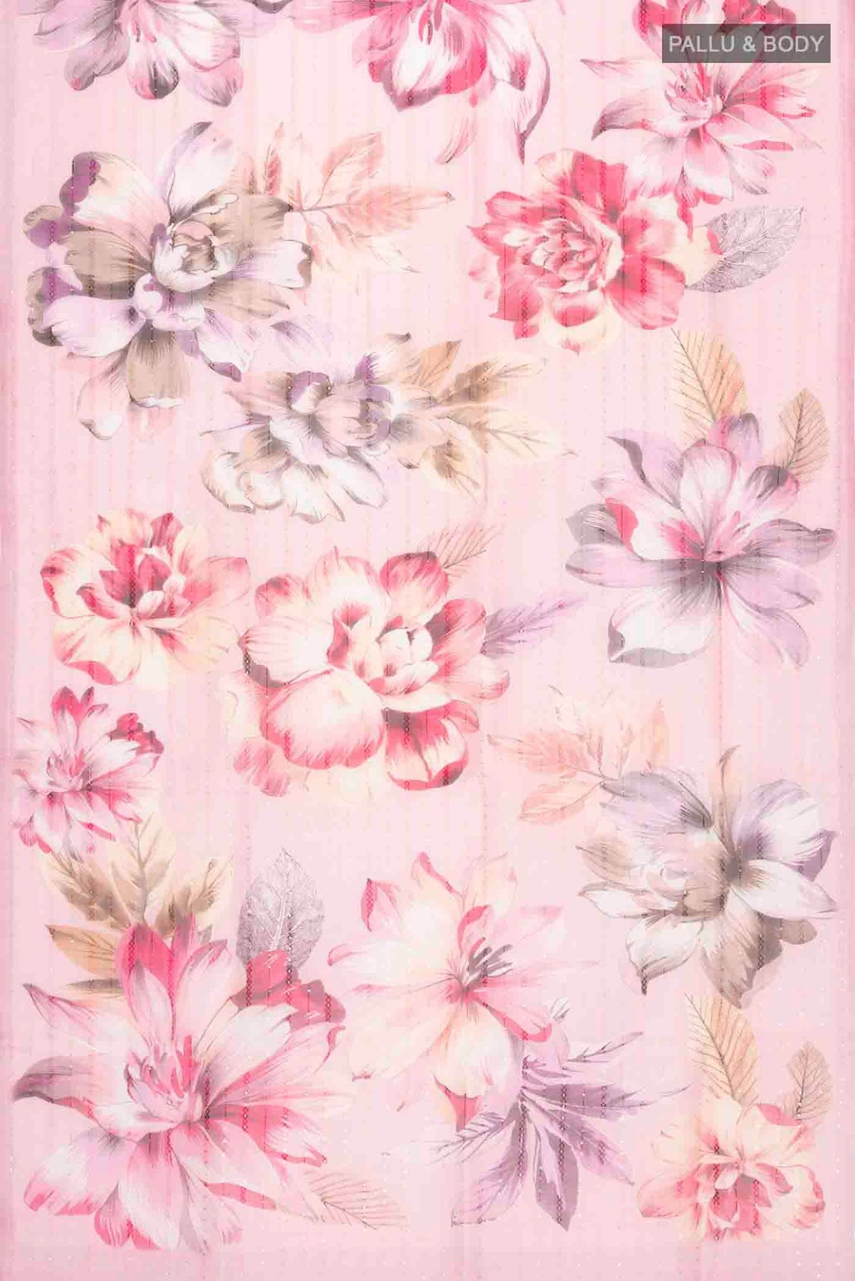 Flat view of Pink Organza Silk Saree with Printed design on the body and Without Border