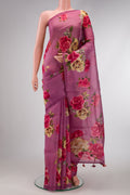 Burgundy Dual Tone Organza Silk Saree with Printed design on the body and Without Border.  displayed on a mannequin