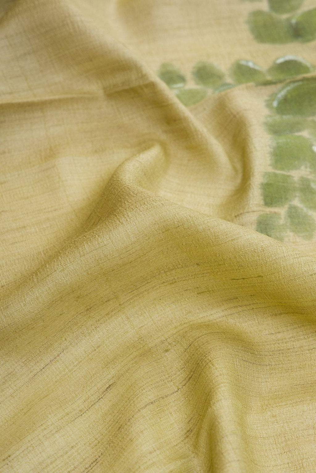 Close up of Pista Green Dual Tone Tussar Silk Saree with Printed design on the body and Plain Border.  displaying folds