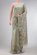 Grey Dual Tone Tussar Silk Saree with Printed design on the body and Embroidery Border.  displayed on a mannequin