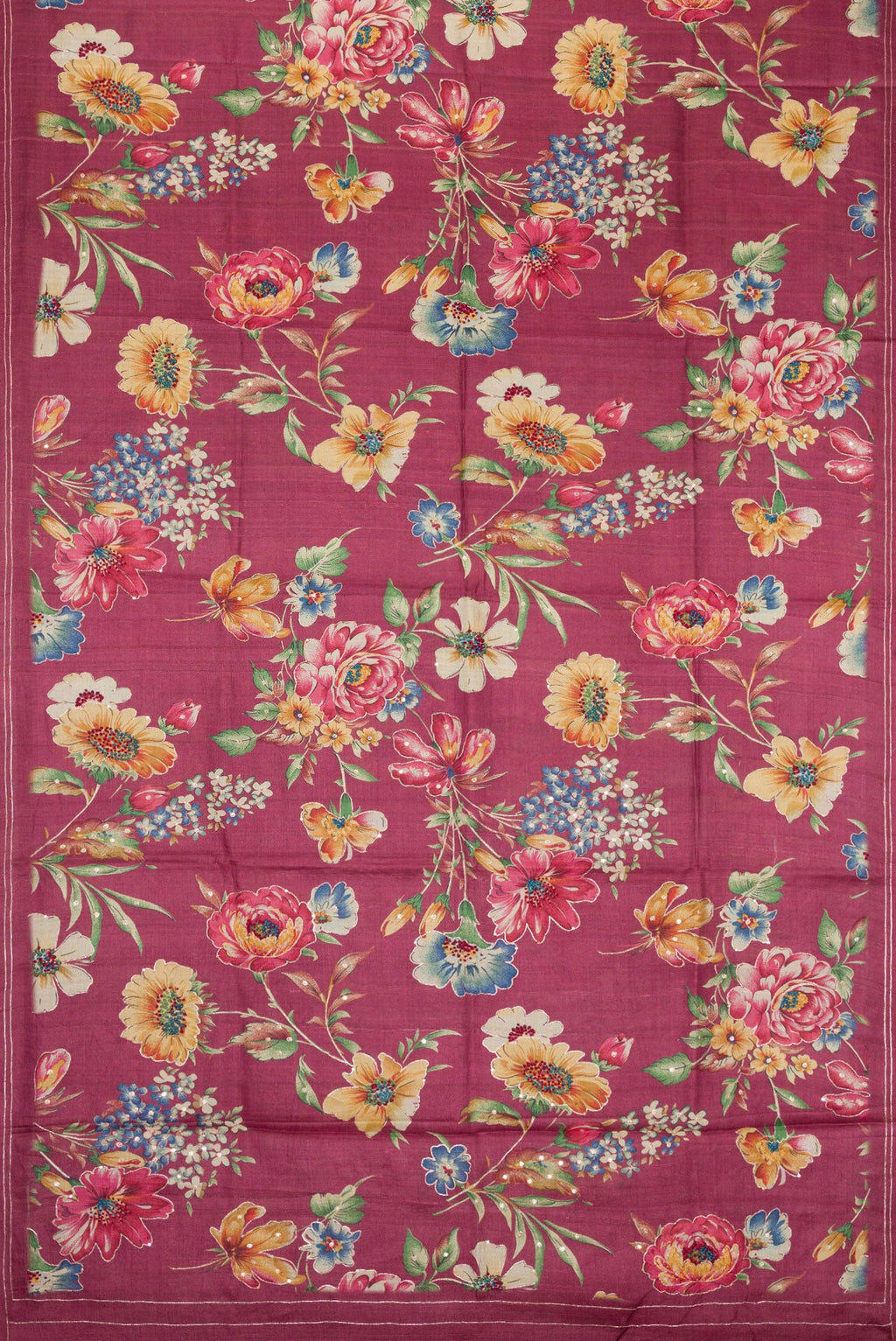 Flat view of Pink Dual Tone Tussar Silk Saree with Printed design on the body and Embroidery Border. 