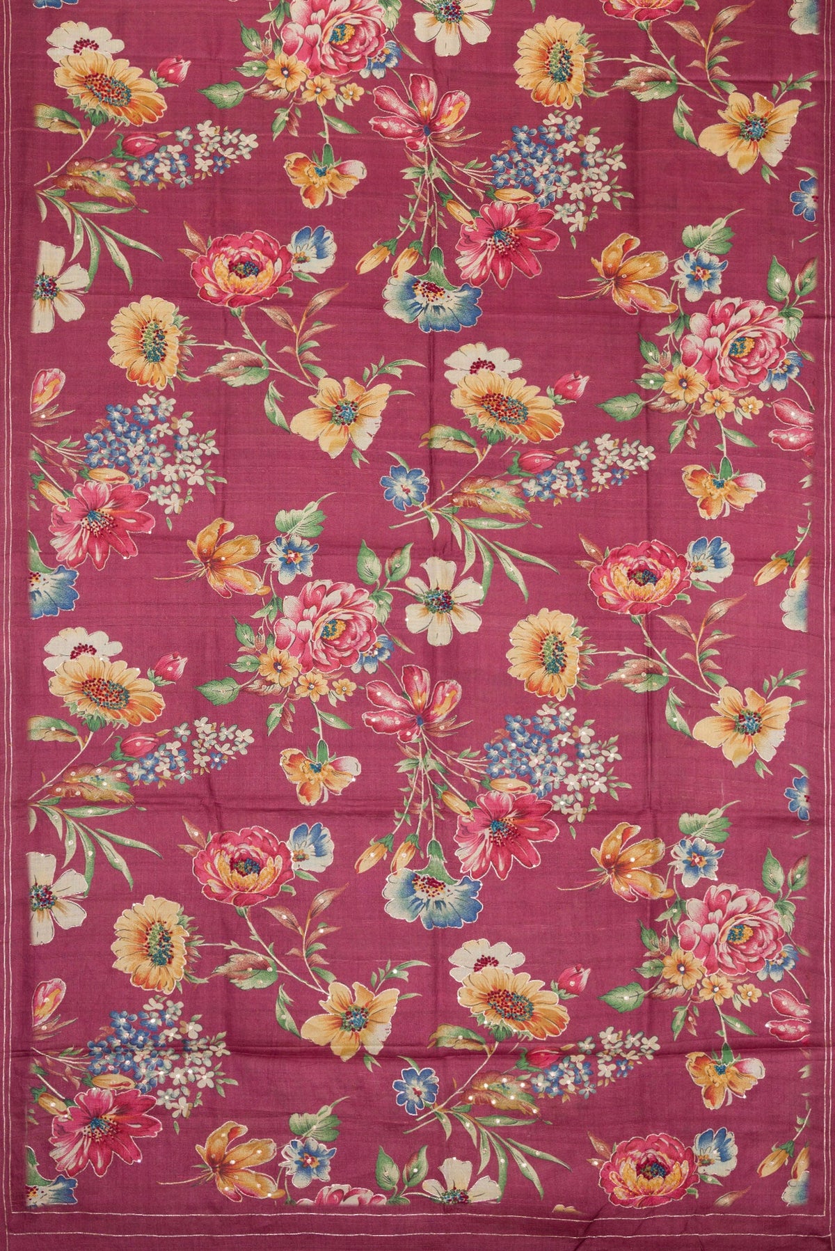 Flat view of Pink Dual Tone Tussar Silk Saree with Printed design on the body and Embroidery Border. 