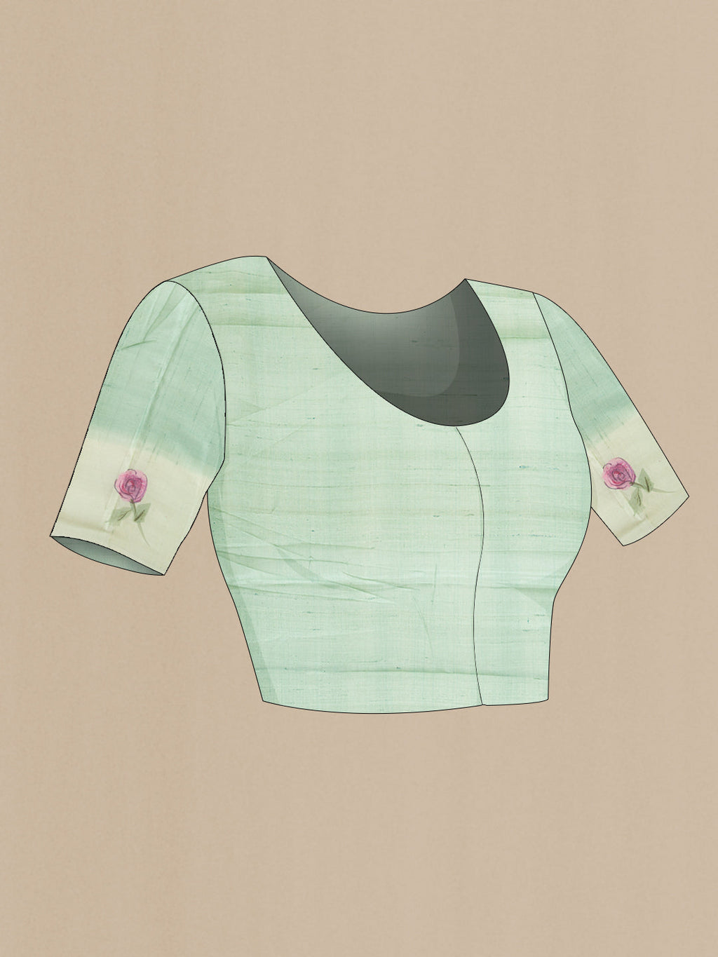 Close up image of the blouse of Pista Green Dual Tone Tussar Silk Saree with Plain Body and Fancy Border. 