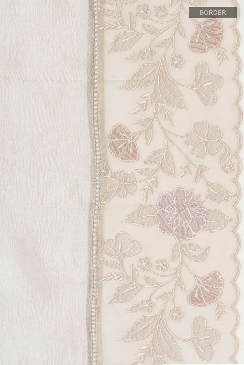 Border image of Silver Tissue Silk Saree with Plain Body and Embroidery Border