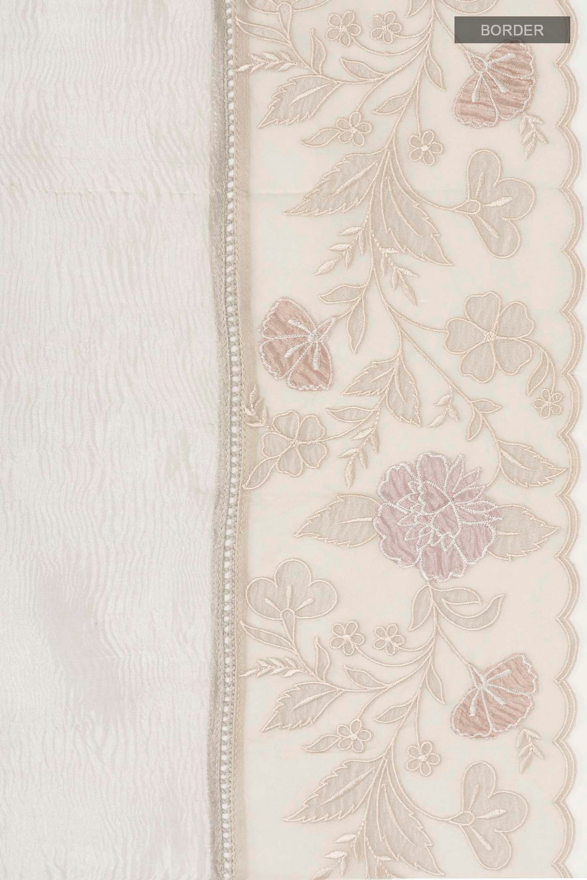 Border image of Silver Tissue Silk Saree with Plain Body and Embroidery Border