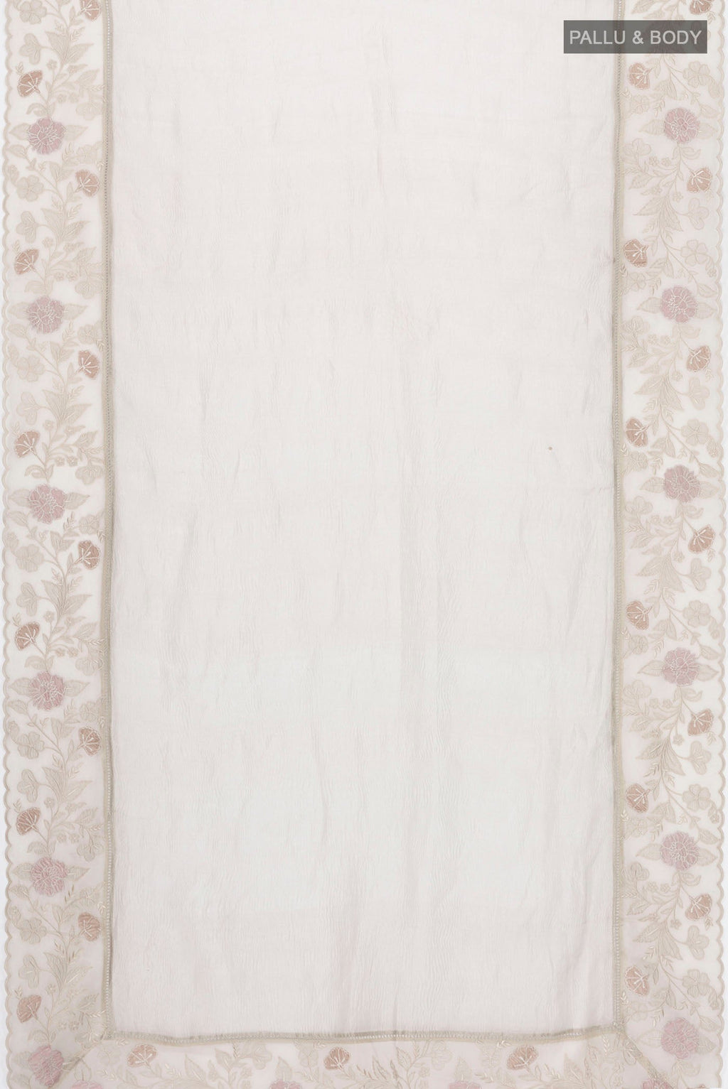 Flat view of Silver Tissue Silk Saree with Plain Body and Embroidery Border