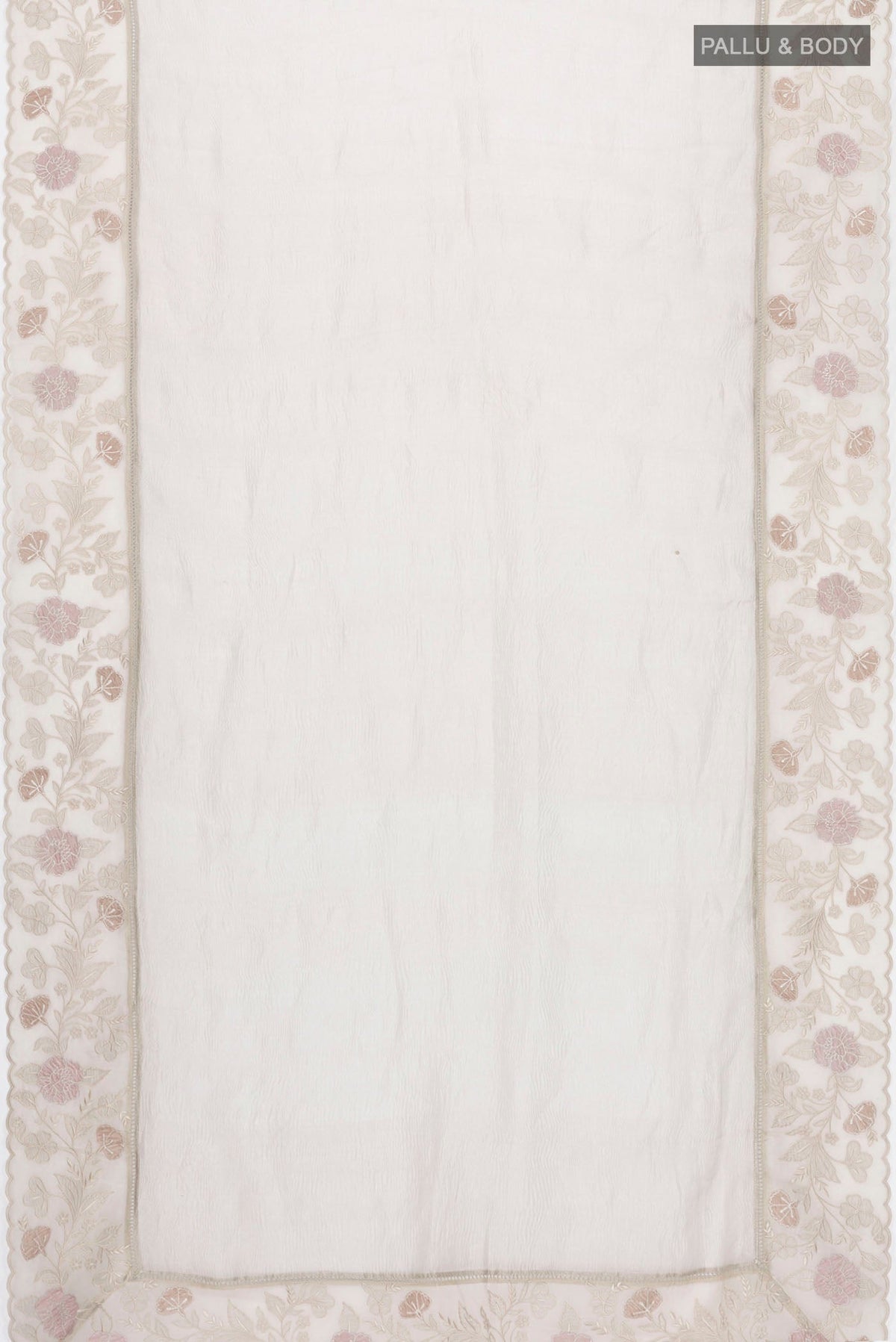 Flat view of Silver Tissue Silk Saree with Plain Body and Embroidery Border
