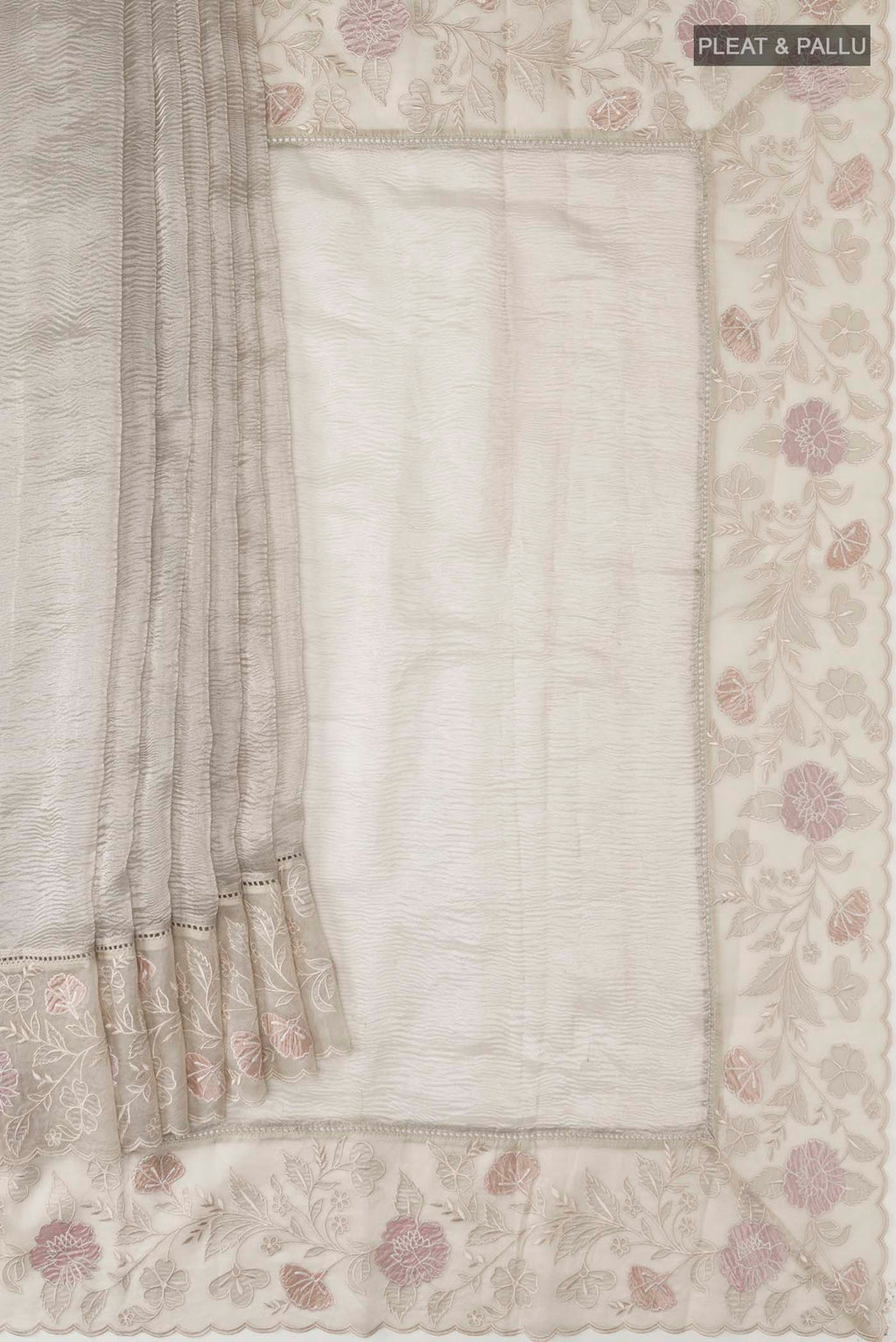 Pleats and pallu of Silver Tissue Silk Saree with Plain Body and Embroidery Border