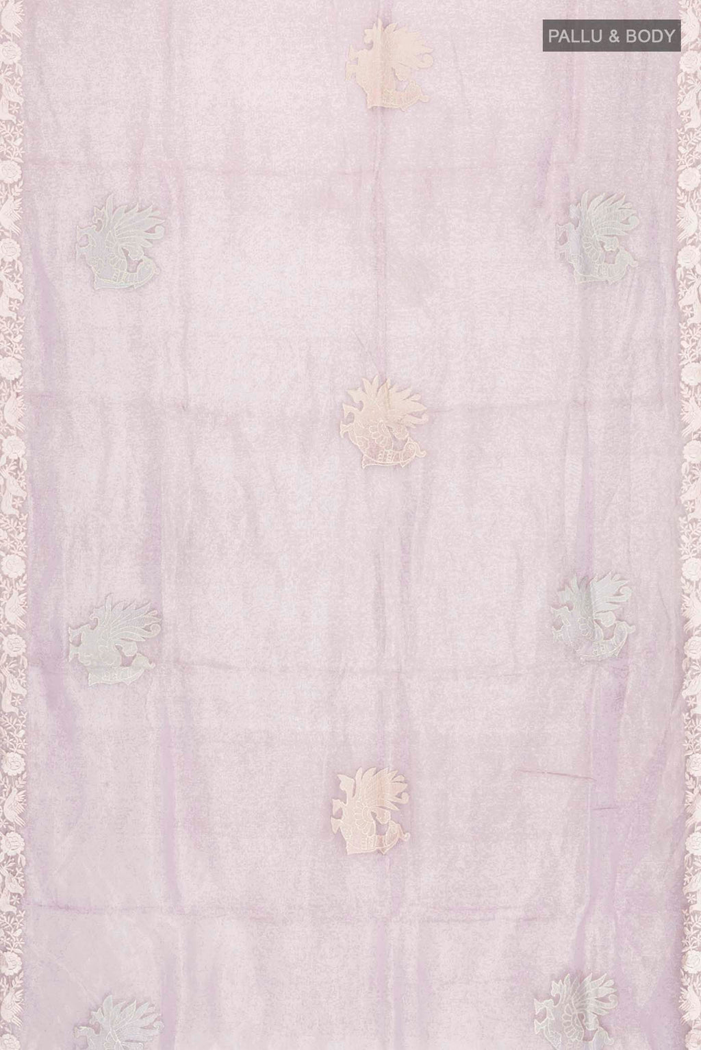 Flat view of Lavender Organza Silk Saree with Embroidery on the body and Embroidery Border