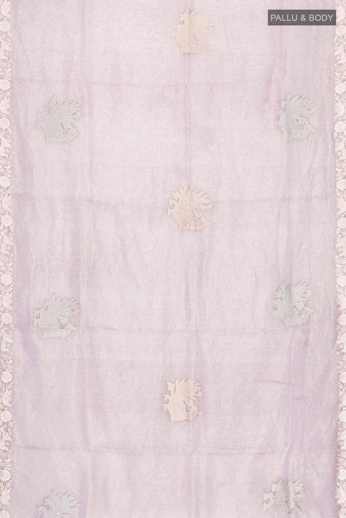 Flat view of Lavender Organza Silk Saree with Embroidery on the body and Embroidery Border