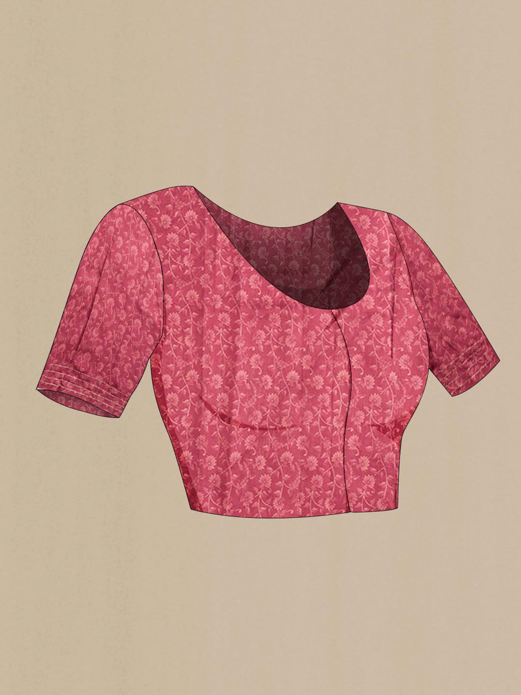 Close up image of the blouse of Maroon Organza Silk Saree with Floral Print on the body and Printed Border