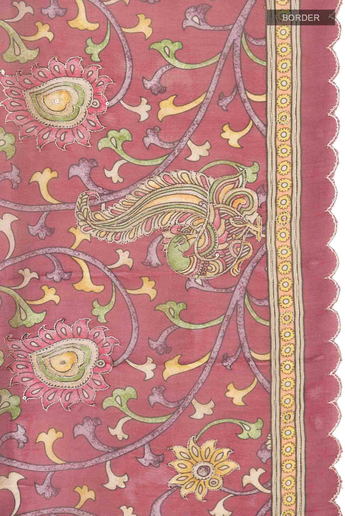 Border image of Maroon Organza Silk Saree with Floral Print on the body and Printed Border