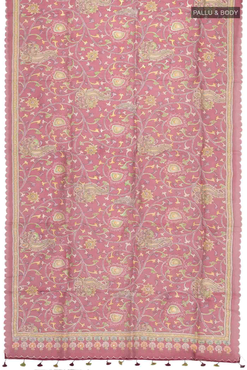 Flat view of Maroon Organza Silk Saree with Floral Print on the body and Printed Border