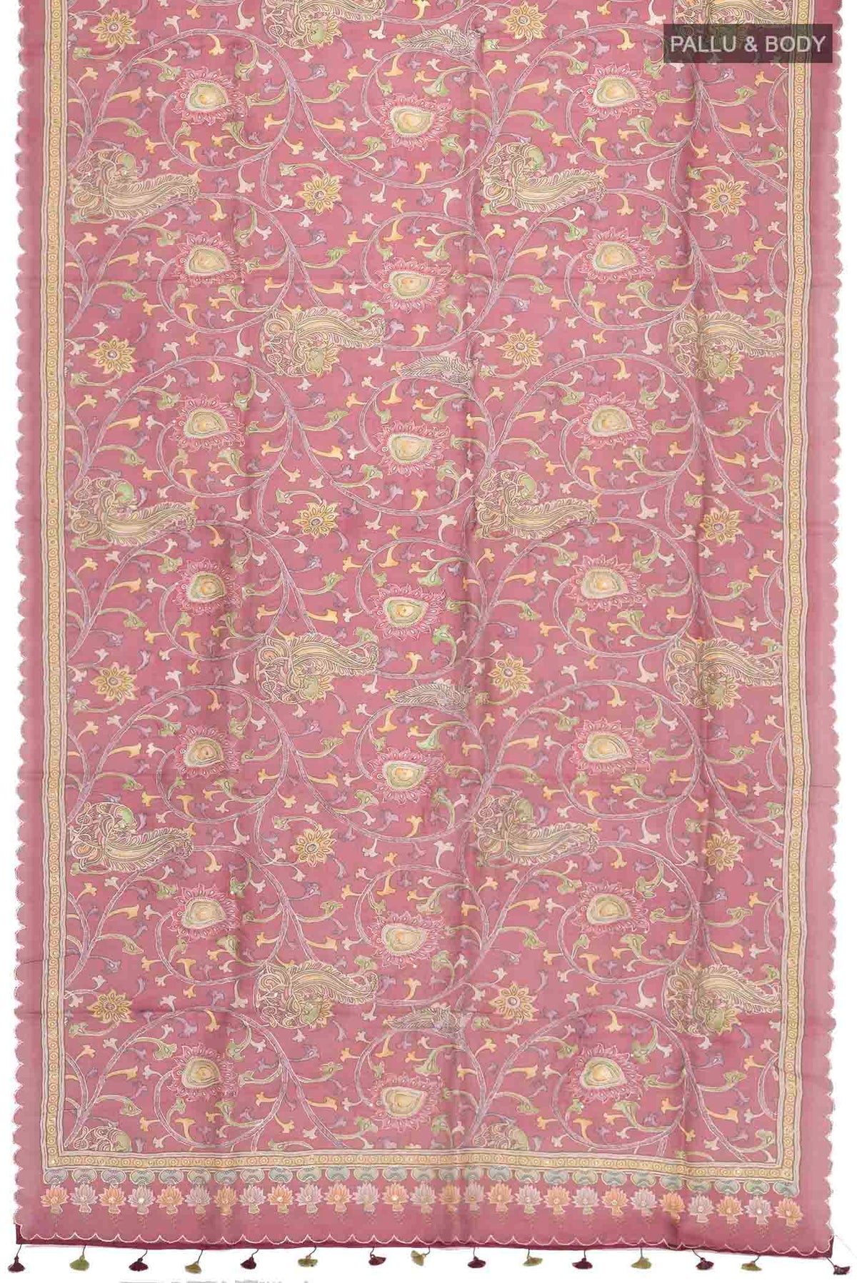 Flat view of Maroon Organza Silk Saree with Floral Print on the body and Printed Border