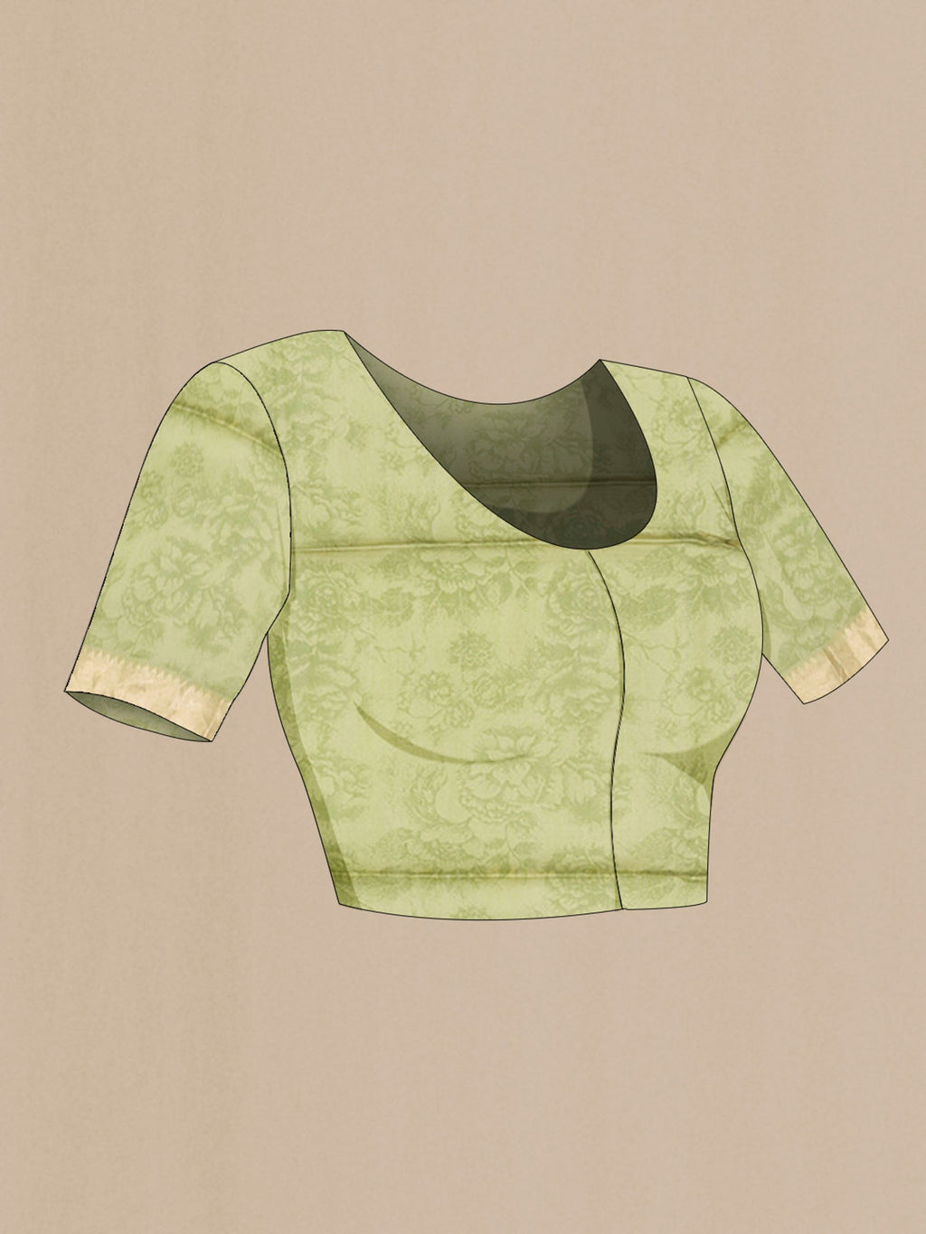 Close up image of the blouse of Green Tussar Silk Saree with Printed design on the body and Zari Border