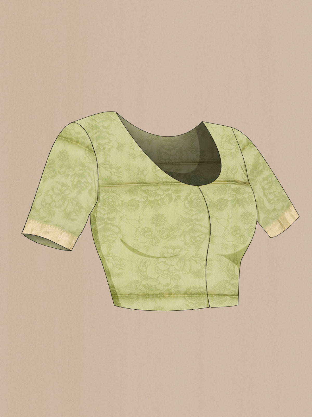 Close up image of the blouse of Green Tussar Silk Saree with Printed design on the body and Zari Border