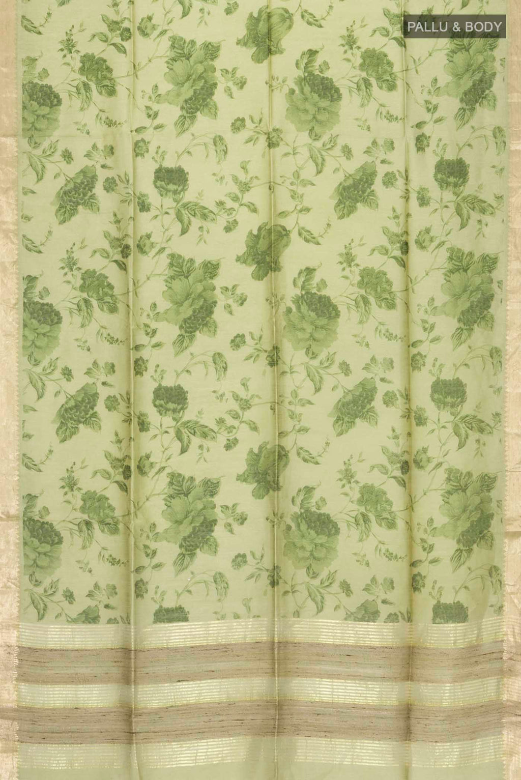 Flat view of Green Tussar Silk Saree with Printed design on the body and Zari Border
