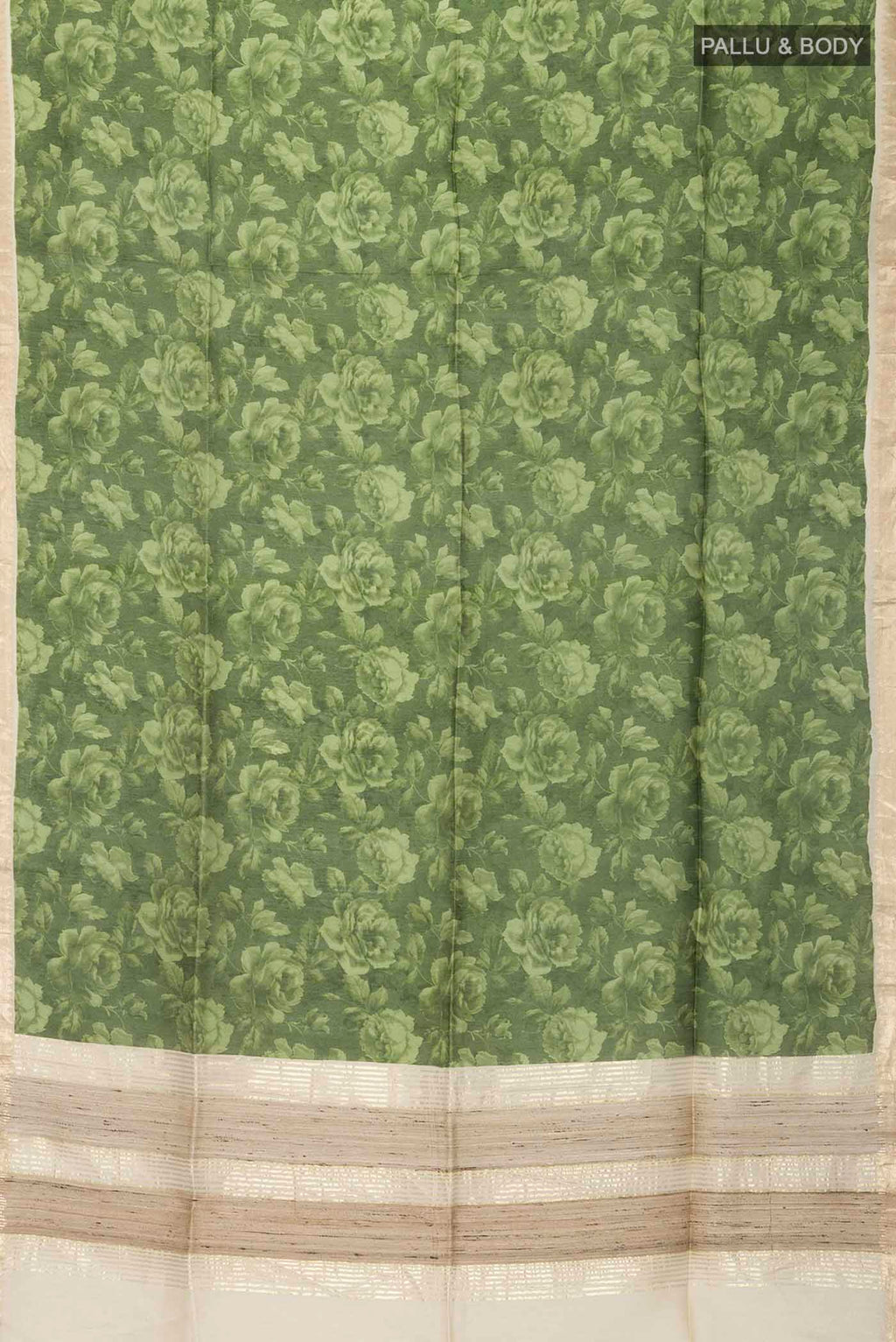 Flat view of Green Bhagalpuri Tussar Silk Saree with Floral Print on the body and Zari Border