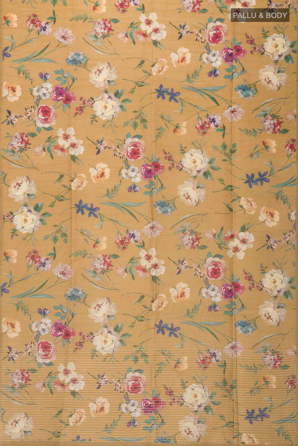 Flat view of Brown Bhagalpuri Tussar Silk Saree with Floral Print on the body and Thin Zari Line