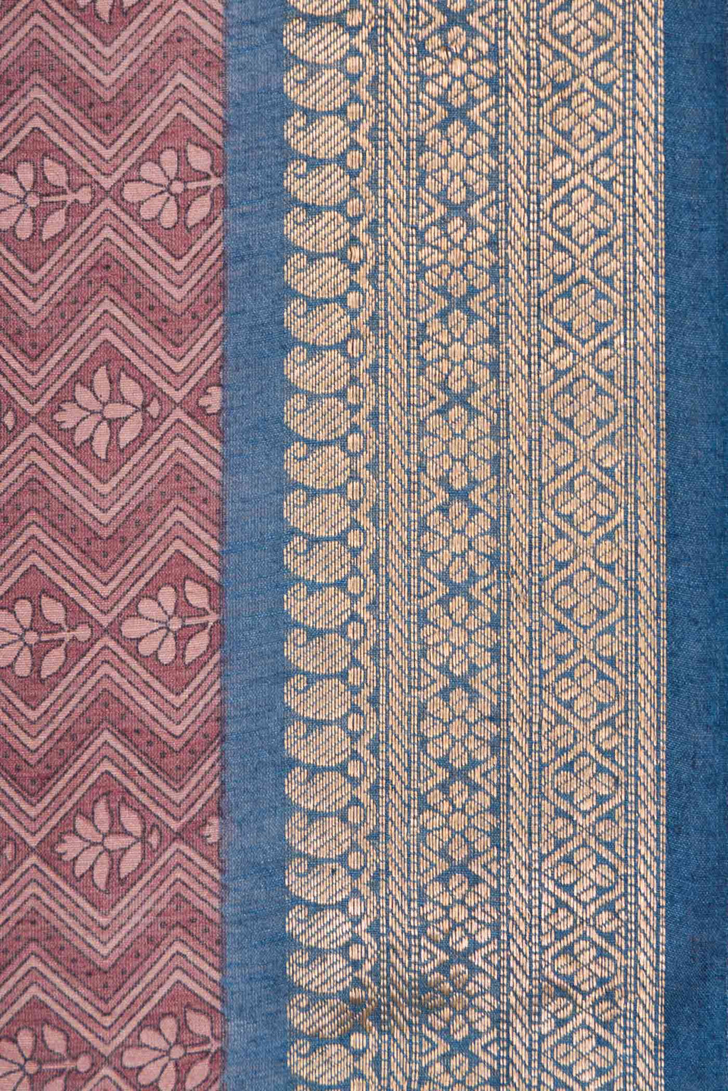 Border image of Burgundy Dual Tone Tussar Silk Saree with Printed design on the body and Zari Border