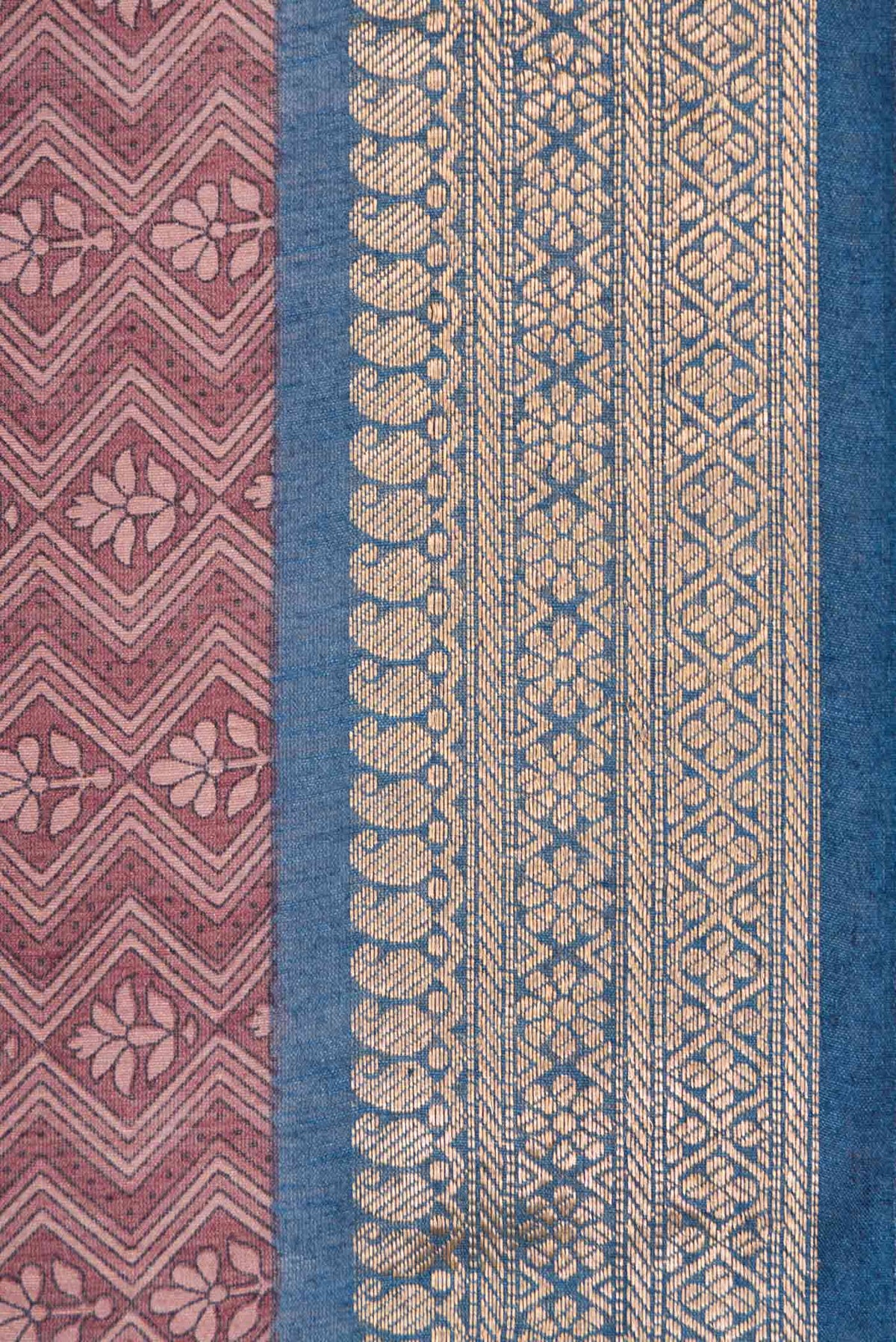 Border image of Burgundy Dual Tone Tussar Silk Saree with Printed design on the body and Zari Border