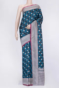 Peacock Blue Dual Tone Blended Banarasi Silk Saree with Zari Butta on the body and Zari Border.  displayed on a mannequin