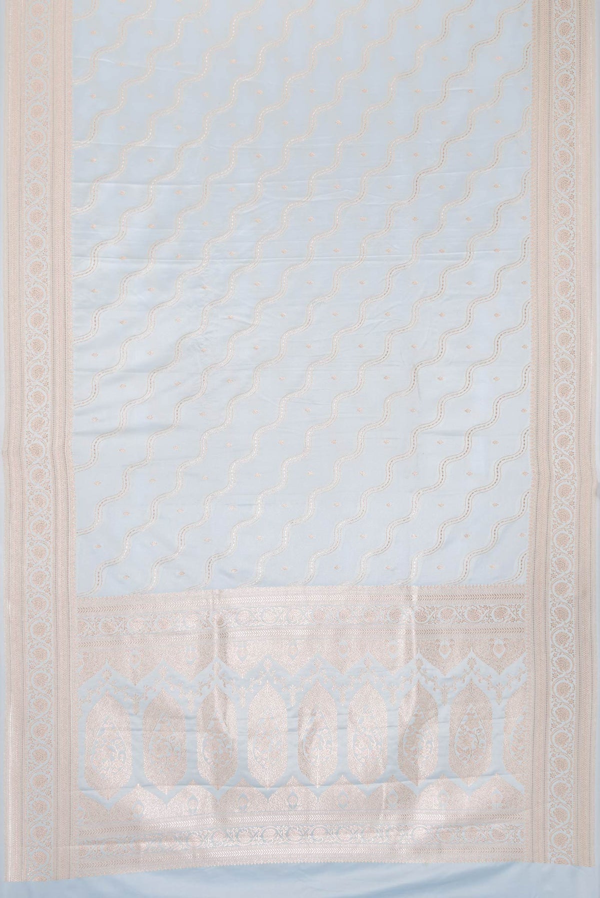 Flat view of Grey Dual Tone Blended Banarasi Silk Saree with Zari Brocade on the body and Zari Border. 