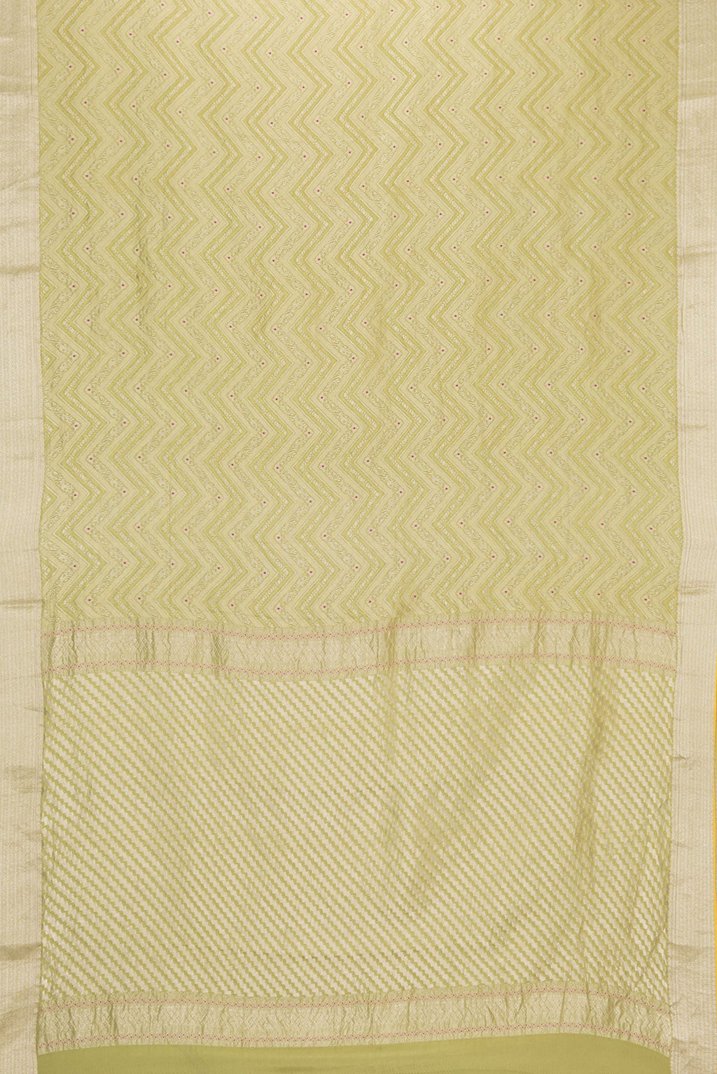 Flat view of Parrot Green Dual Tone Banarasi Georgette Saree with Zari Brocade on the body and Zari Border. 